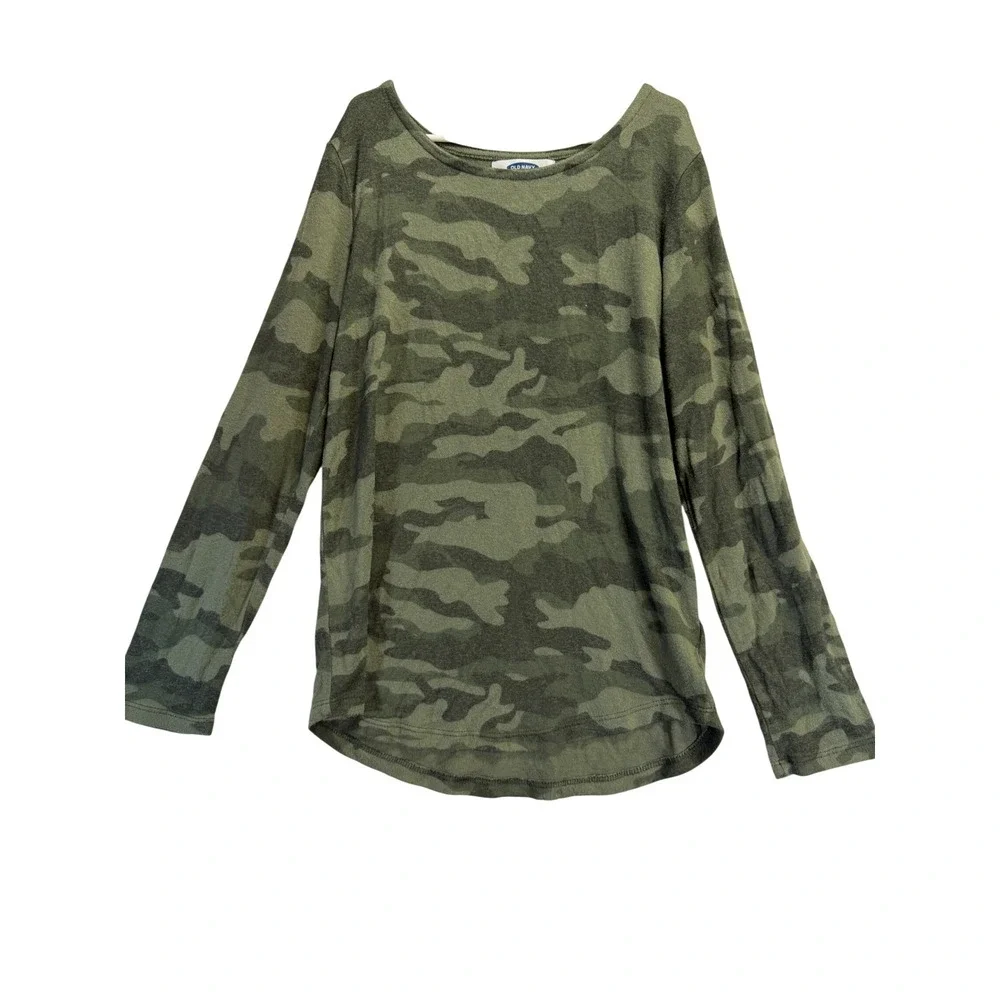 Old Navy Kids Camo Long Sleeve Scoop Neck Curved Hem Top Green L 10-12 1156